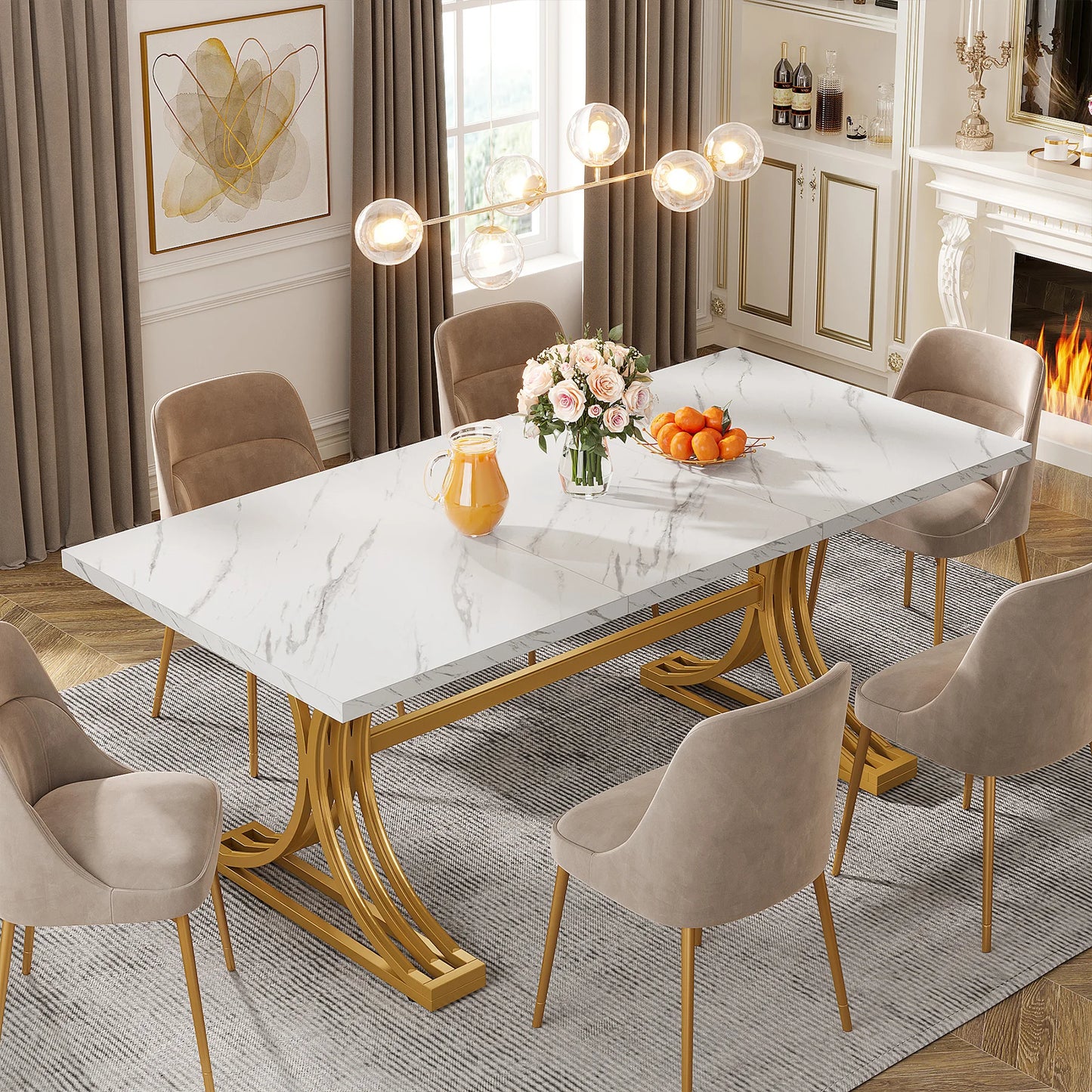 Tribesigns 63-Inch Rectangular Dining Table for 4-6 – Modern Kitchen Table with Faux Marble Top, White Finish
