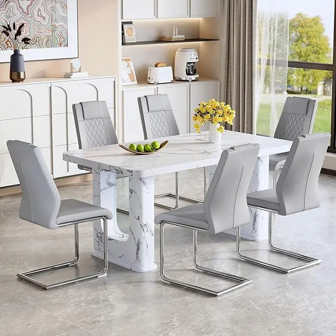 64.5" Modern Farmhouse Dining Table Set for 6 – Wood Dining Table with Decorative Pedestal Legs & 6 Cushioned Chairs