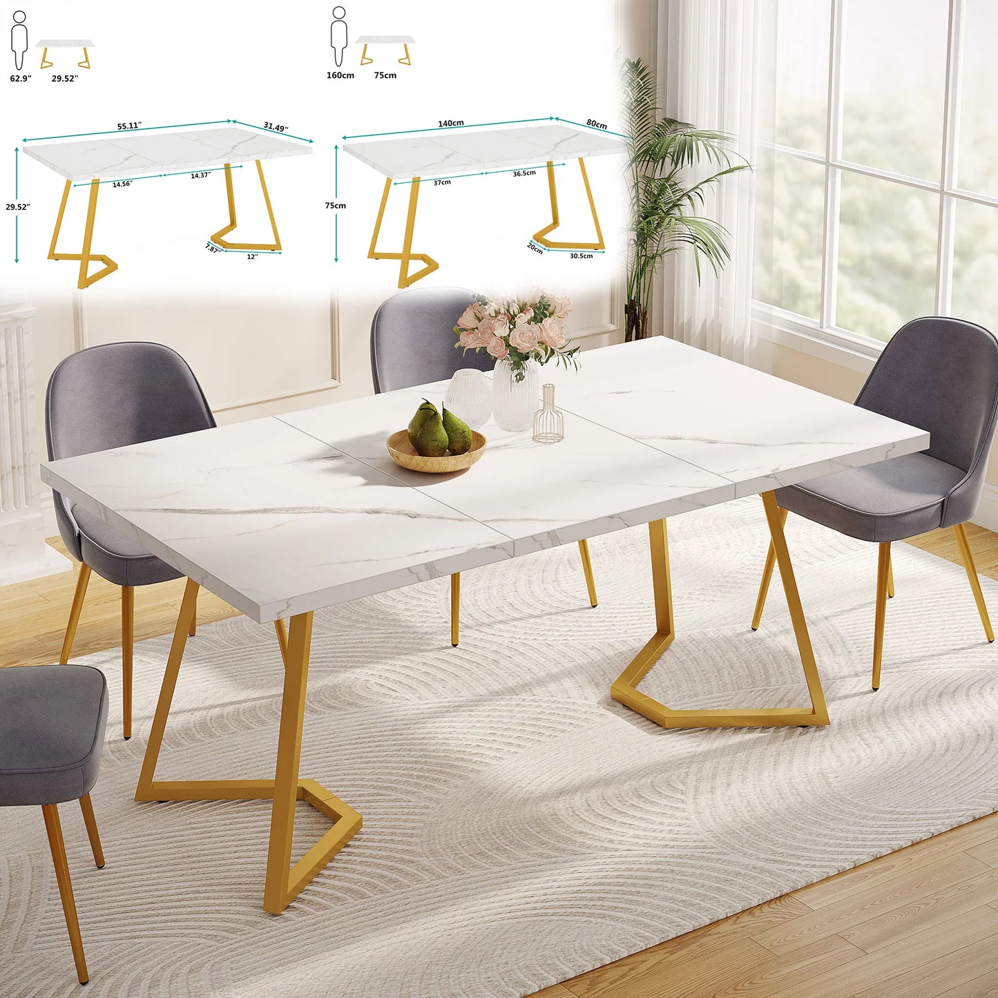 Tribesigns 63-Inch Rectangular Dining Table for 4-6 – Modern Kitchen Table with Faux Marble Top, White Finish
