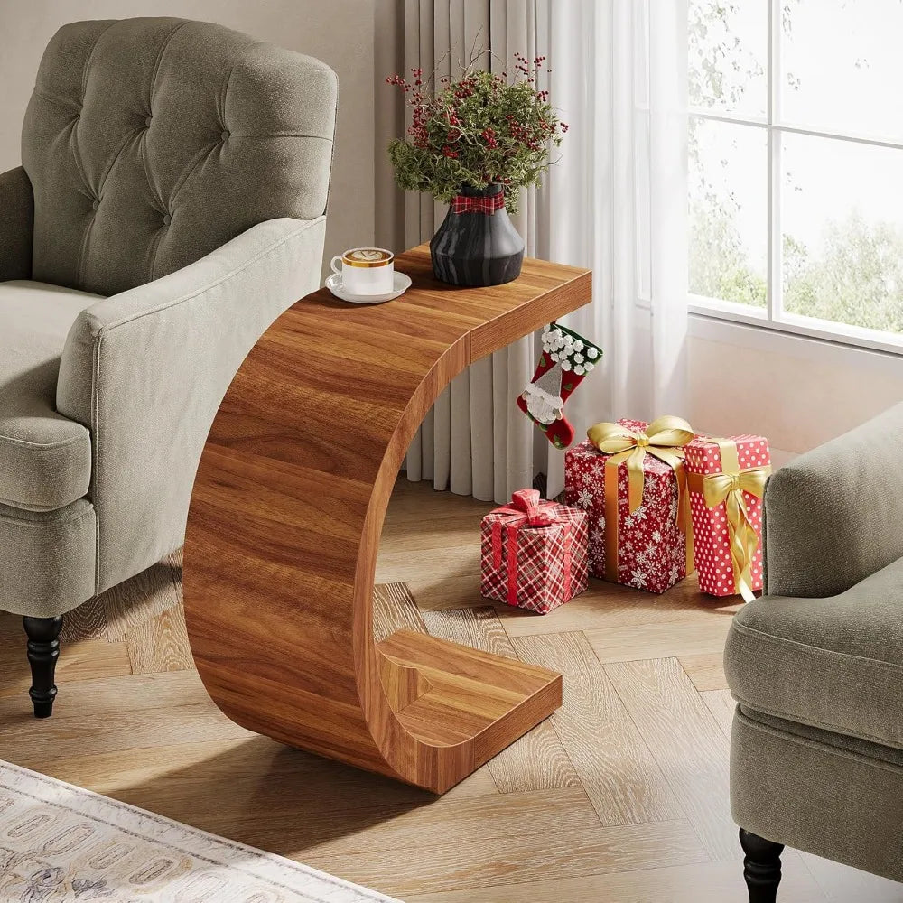 C-Shaped End Table Set of 2 – Rustic Walnut Side Tables for Couch, Small Space Living Room & Bedroom, Easy Assembly