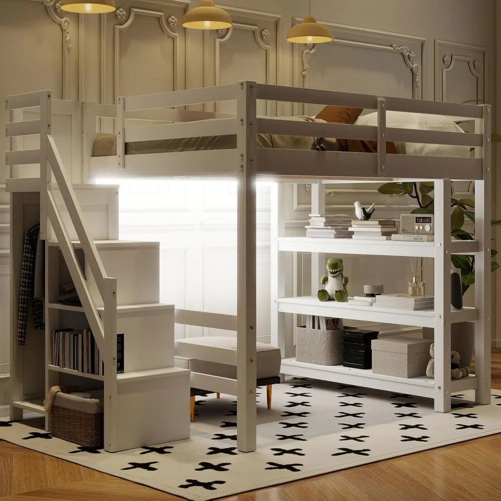 Full Size Loft Bed with Stairs, Storage Shelves & Bookshelf – Wooden Loft Bed Frame with Built-In Lights, Space-Saving Design for Kids, Teens, and Adults