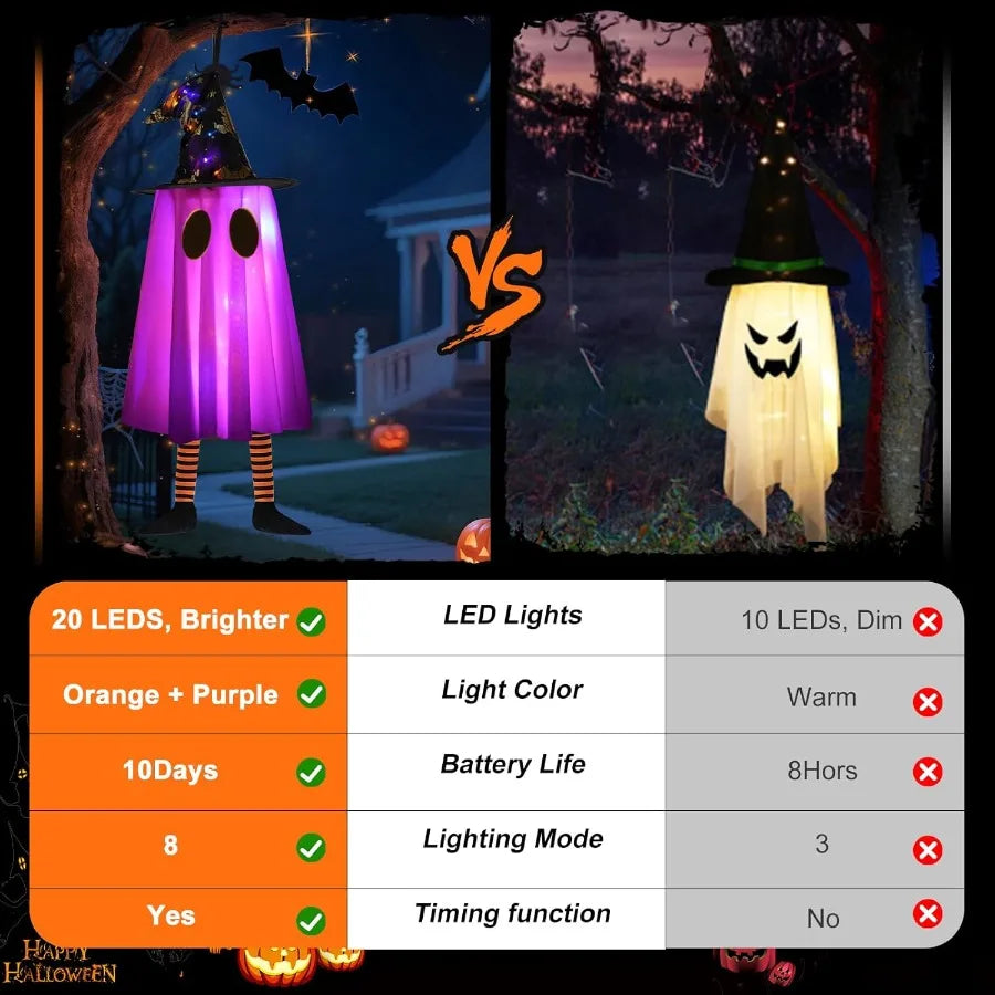6P Lights Up Hanging Ghosts Halloween Decorations Outdoor Purple Orange Timer IP65 Waterproof Battery Operated Halloween Lights