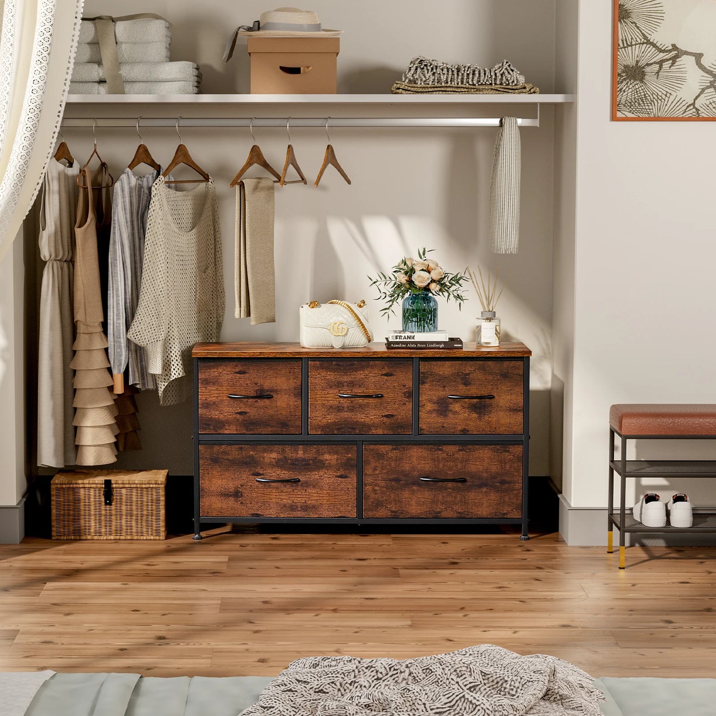 JHK Display Cabinet With 5 Fabric Drawers