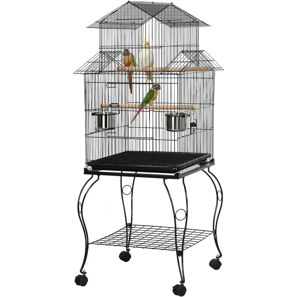 55-Inch Rolling Standing Parrot Cage with Triple Roof – Medium Bird Cage with Detachable Stand for Cockatiels, Conures, Parakeets & Small Parrots