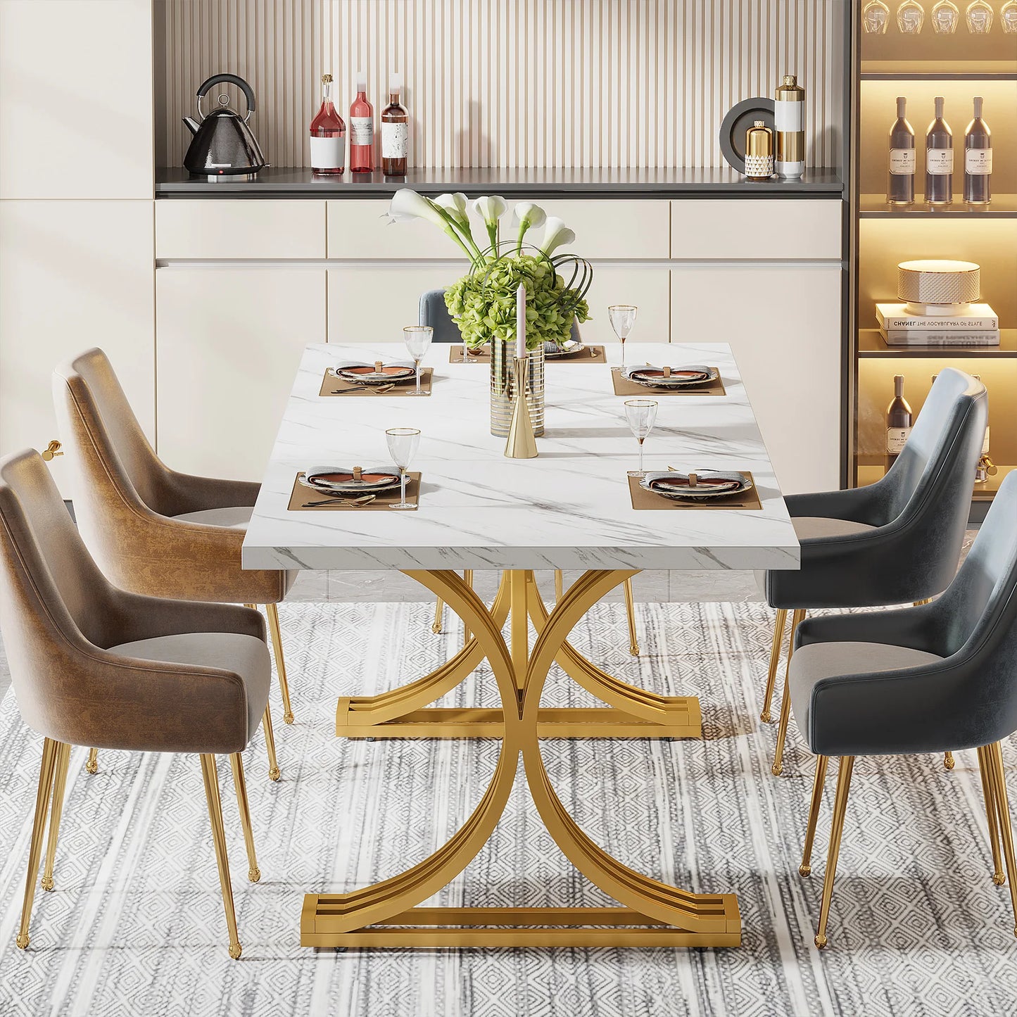 Tribesigns 63-Inch Rectangular Dining Table for 4-6 – Modern Kitchen Table with Faux Marble Top, White Finish