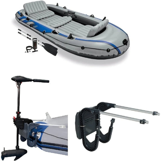 Excursion 5-Person Inflatable Boat Set – Includes 2 Aluminum Oars, High-Output Pump, 12V Transom Trolling Motor Mount Kit for Fishing & Recreation