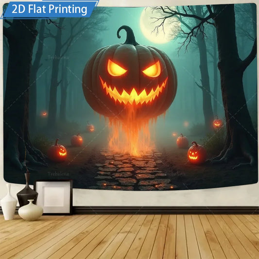 Halloween Wall Tapestry – Pumpkin Forest with Moonlit Path, Spooky Seasonal Décor for Home, Bedroom, or Party