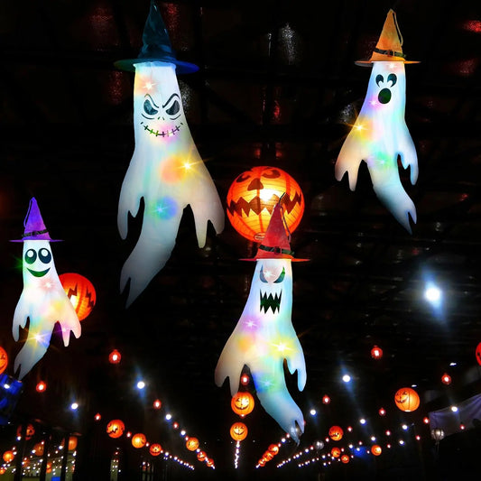 4PCS Halloween Ghost Windsocks with Witch Hats – Hanging LED Lighted Outdoor Decorations for Yard, Trees, and Porch