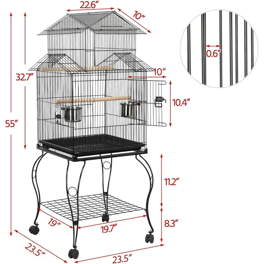 55-Inch Rolling Standing Parrot Cage with Triple Roof – Medium Bird Cage with Detachable Stand for Cockatiels, Conures, Parakeets & Small Parrots