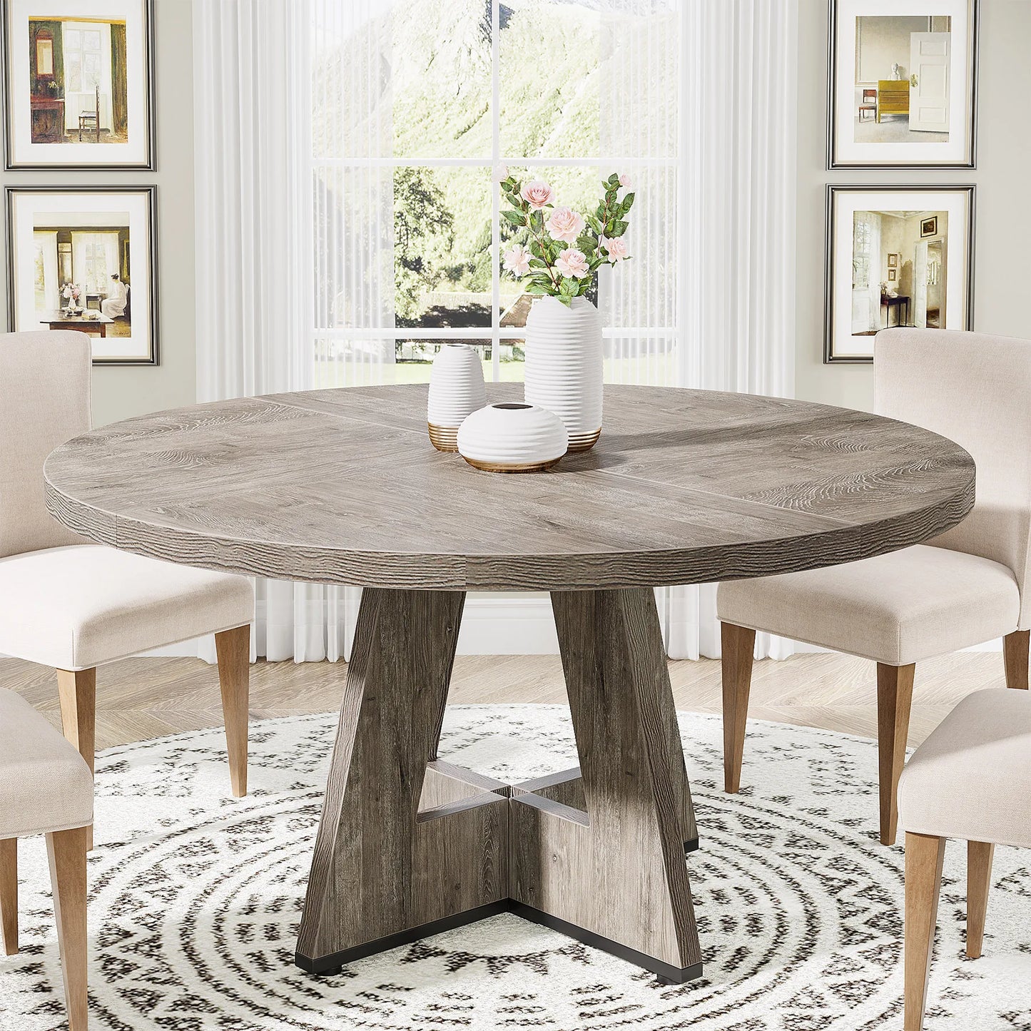Tribesigns 47” Round Farmhouse Dining Table for 4 – Small Kitchen & Dining Room Table with Rustic Charm