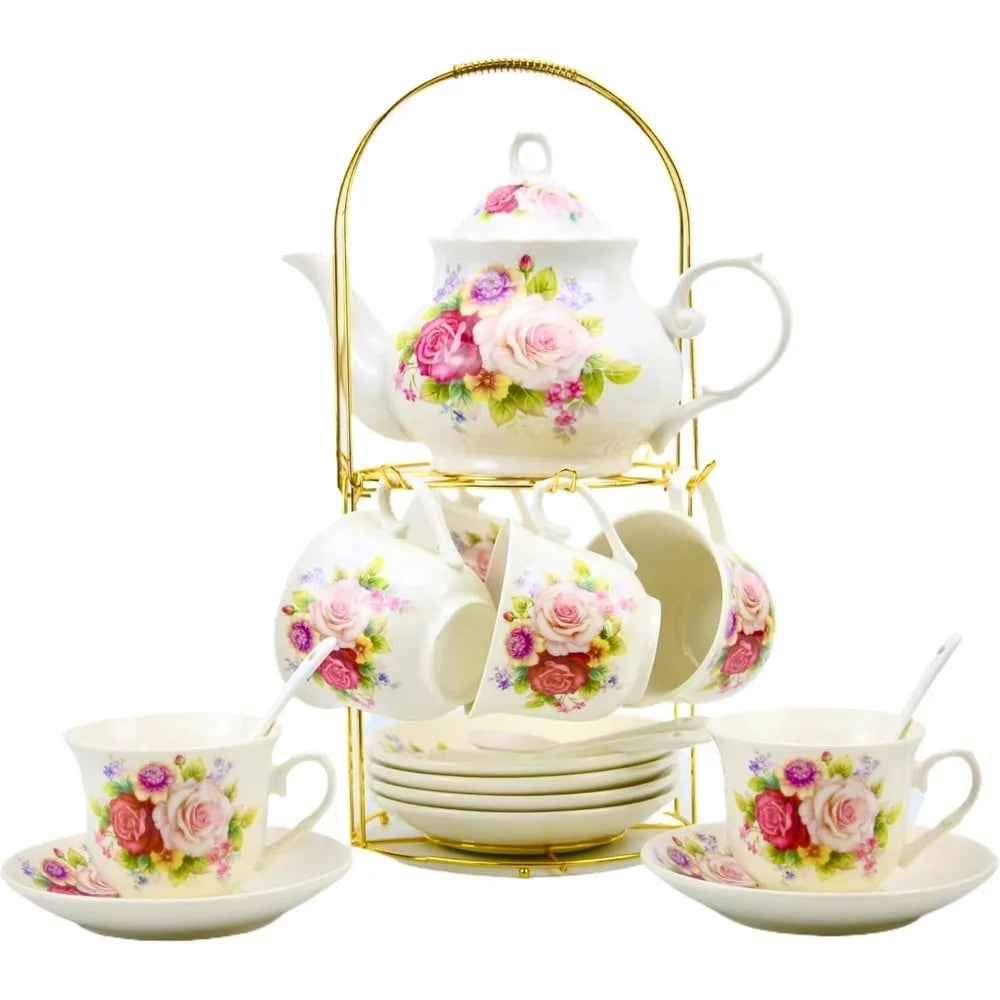 20-Piece Bone China Tea & Coffee Set with Gold Metal Rack – Elegant Porcelain Gift Set for Home, Parties, and Special Occasions (010)