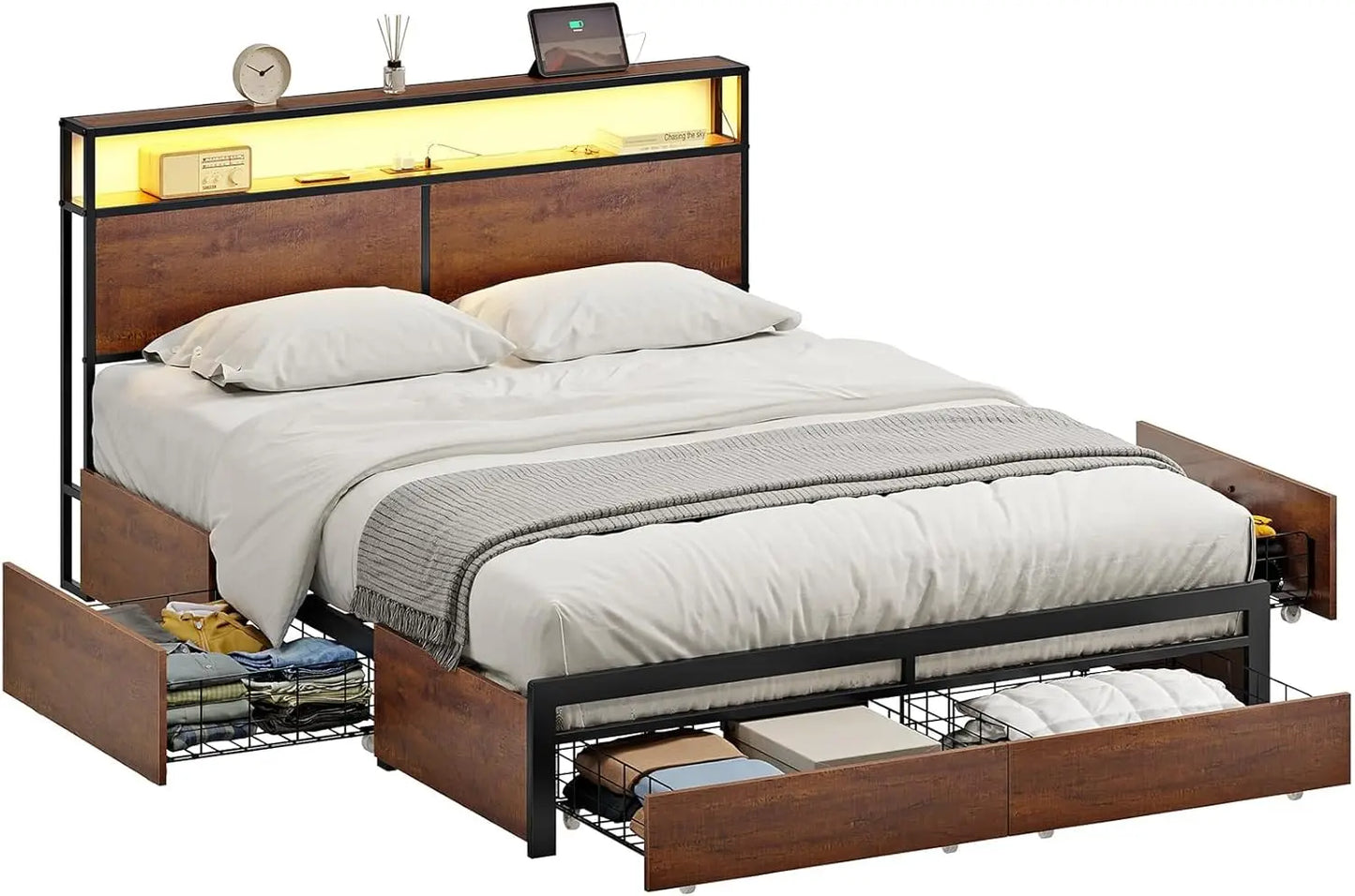 Bed Frame with Storage Headboard and 4 Drawers Bed Frame Size with Charging Station LED Lights Metal Platform Non-Sl
