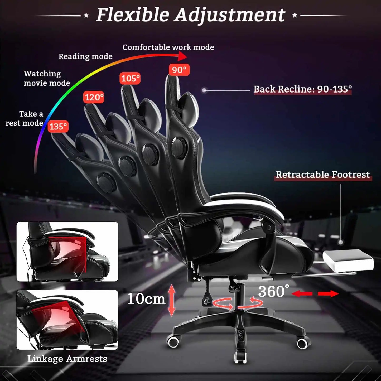 135 Degrees Gaming Chair Recliner With Bluetooth Speaker and Ergonomic Swivel 2 Point Massage