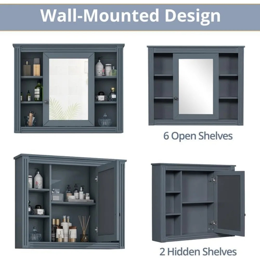 36" Bathroom Vanity Set with Integrated Resin Sink & Mirror Cabinet – Freestanding Single Basin Vanity with Storage Shelves and Drawers