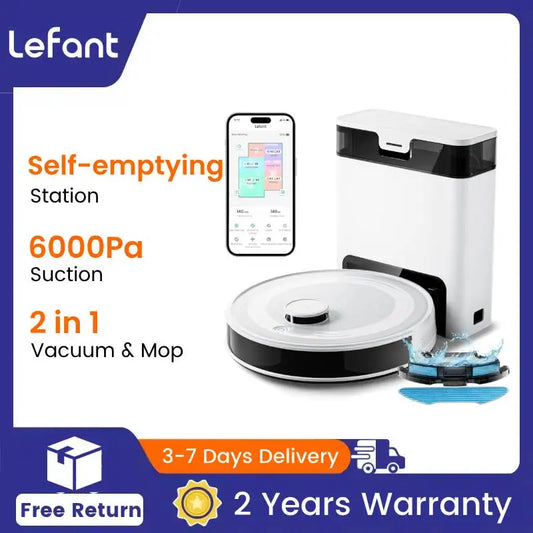 Lefant M2Pro Robot Vacuum and Mop with Self-Emptying Base – 6000Pa Suction, Laser Navigation, Obstacle Avoidance, Wi-Fi/Alexa Compatible