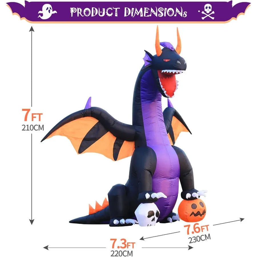7FT Halloween Inflatable Dragon Stepping on Pumpkin & Skull – LED Lighted Blow-Up Decoration for Outdoor Holiday, Garden, or Lawn Display
