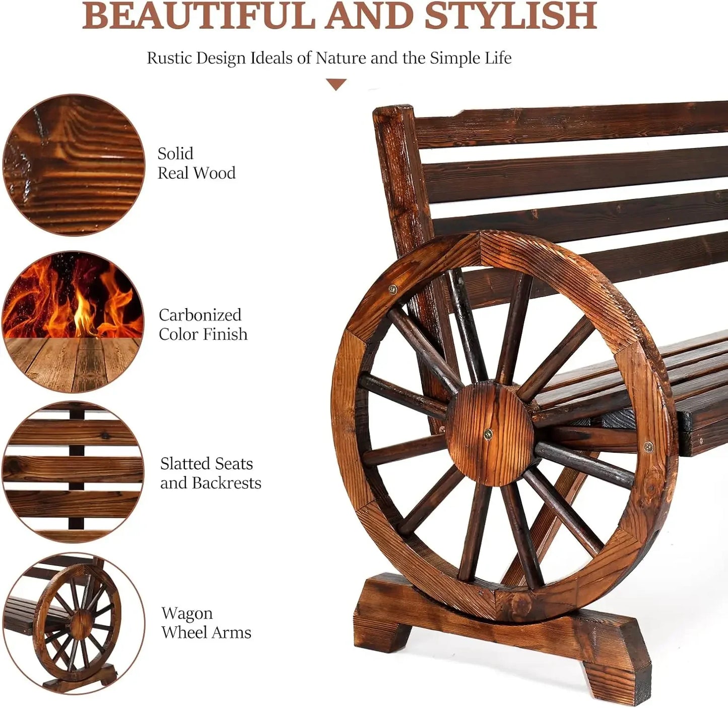 Outdoor Rustic Wooden Bench with Wagon Wheel Arms – 3-Person Garden Bench for Patio, Porch, Lawn & Yard Furniture