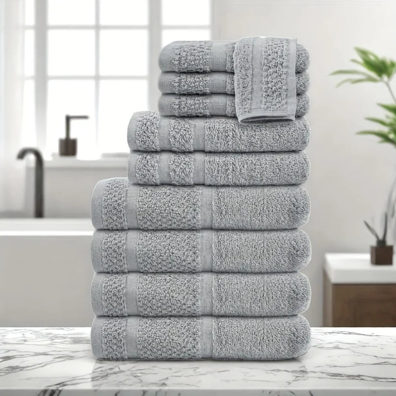 10-Piece Cotton Bath Towel Set – 4 Bath Towels, 2 Hand Towels & 4 Washcloths – Absorbent, Quick-Drying Solid Color Towels for Bathroom