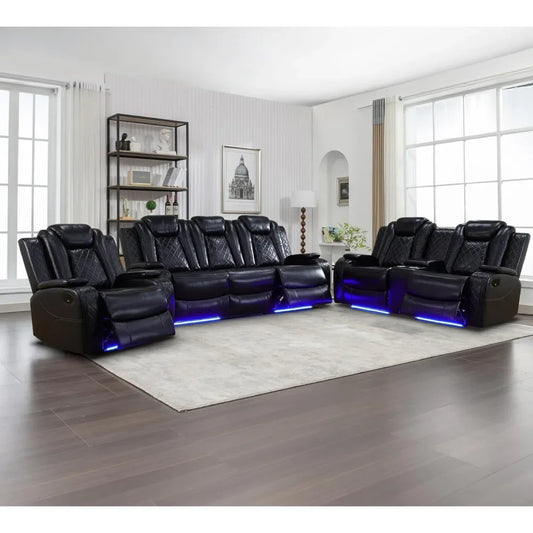 Theater Style Power Leather Recliner and Sofa Set with USB Ports and Storage Console