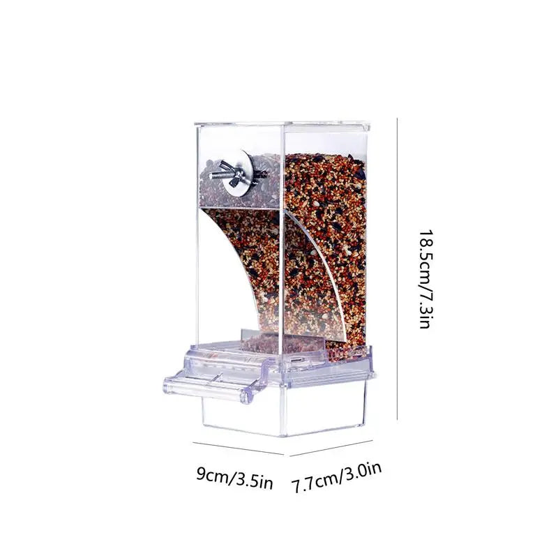 No-Mess Automatic Parrot Food Feeder – Clear Acrylic Bird Seed Container for Small & Medium Parakeets, Cage-Mounted Bird Feeding Accessory