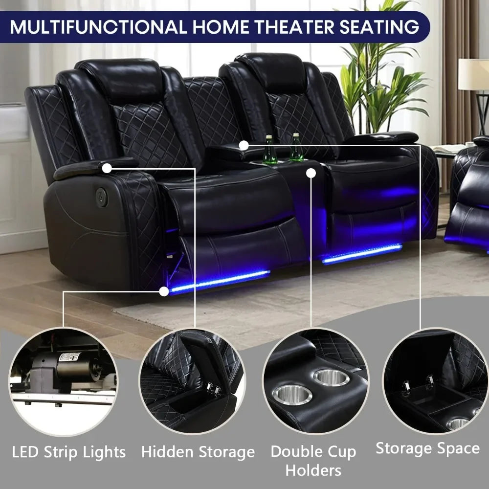 Theater Style Power Leather Recliner and Sofa Set with USB Ports and Storage Console