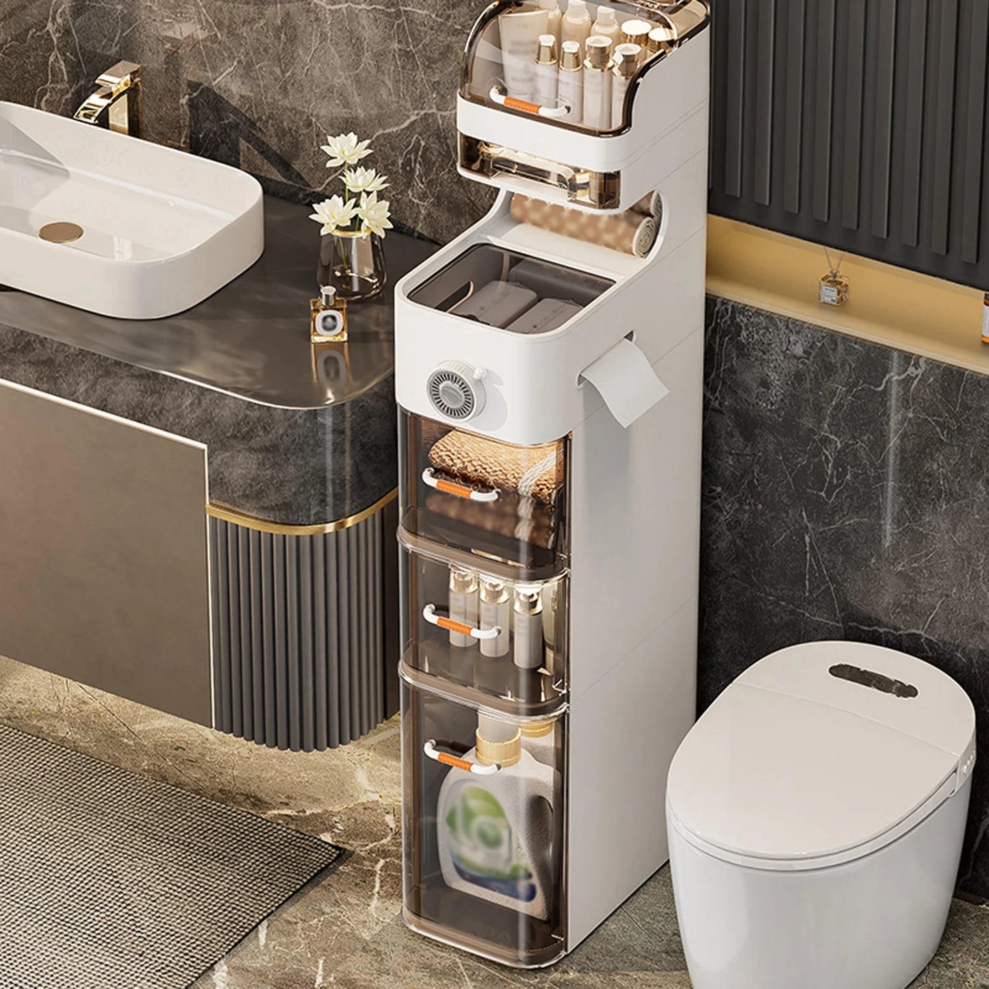 Slim Movable Bathroom Cabinet with Wheels – Plastic Storage Organizer with Drawers & Toilet Paper Holder for Small Spaces