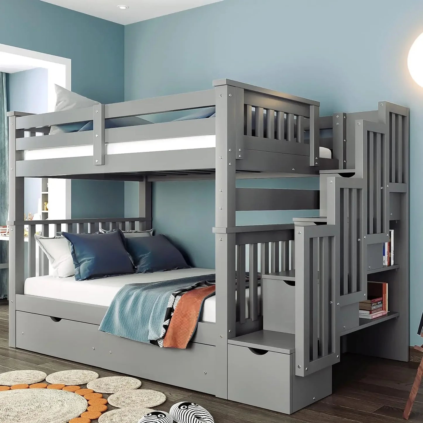 Full Over Full Bunk Bed with Staircase and Storage – Convertible Wood Bunk Bed Frame with Drawers, Shelves, Guardrails, and Solid Pine Construction