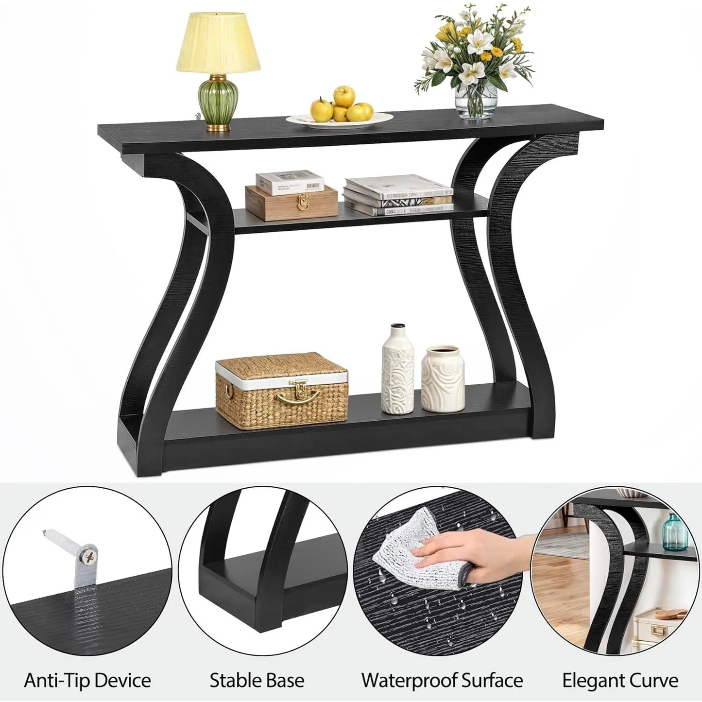 3 Tier Wood Console Table with Curved Legs and Shelf