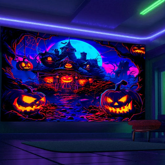 Glow-in-the-Dark Pumpkin House Wall Tapestry – Halloween Party & Home Décor with Easy Install Kit