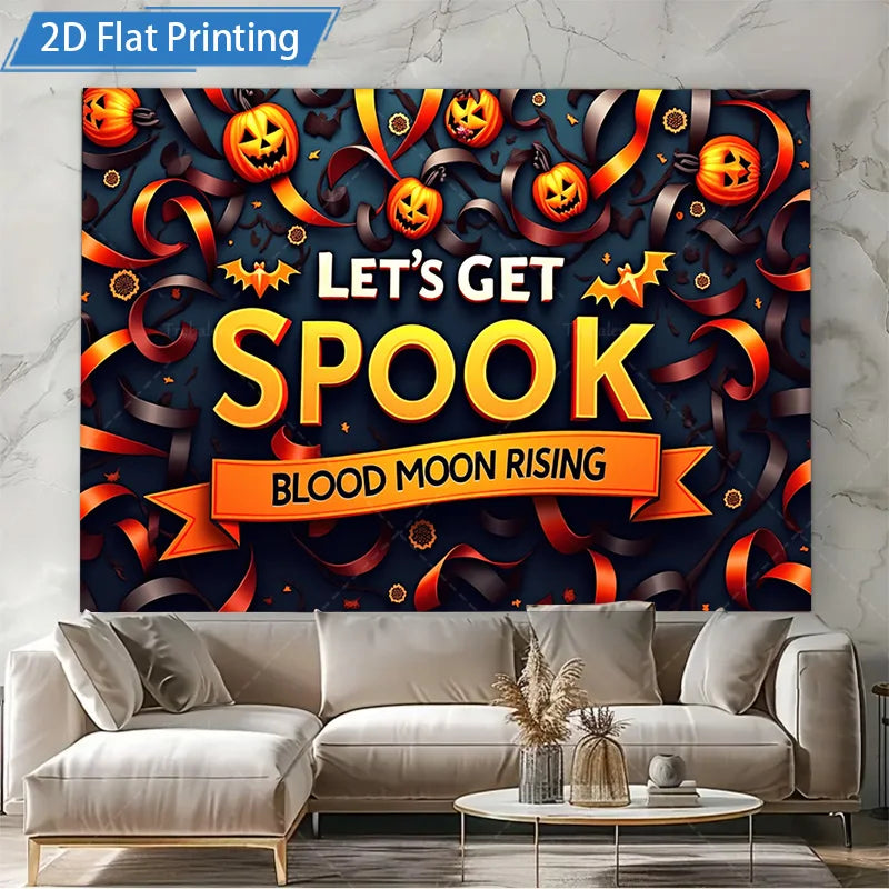 Halloween Wall Tapestry – Spooky Blood Moon Rising with Pumpkin & Bat Design, Gothic Holiday Décor for Home, Bedroom, or Party
