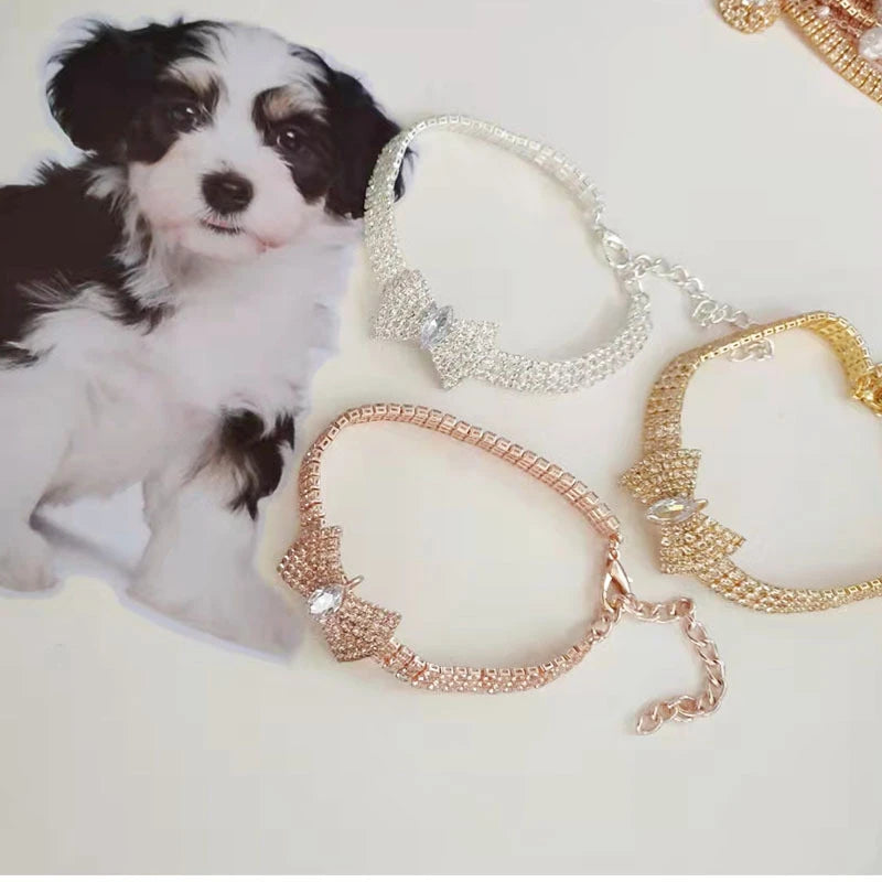 Zircon Bow Tie Dog & Cat Collar – Rose Gold Adjustable Pet Necklace with Lobster Clasp & Gift Box | Elegant All-Season Accessory