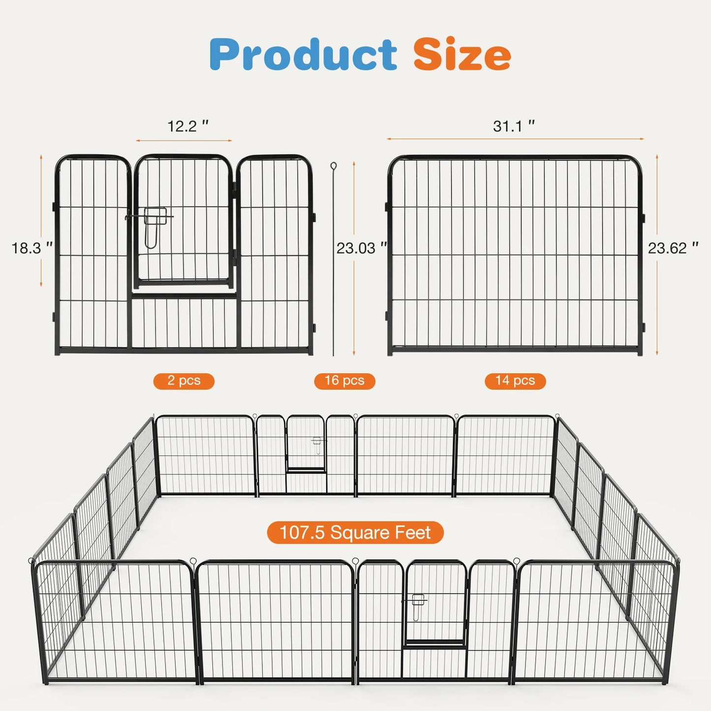 JHK 16-Panel Heavy Duty Dog Playpen – Indoor/Outdoor Metal Pet Fence with Gate, Portable Exercise Crate for Yard, Camping, or Home Use