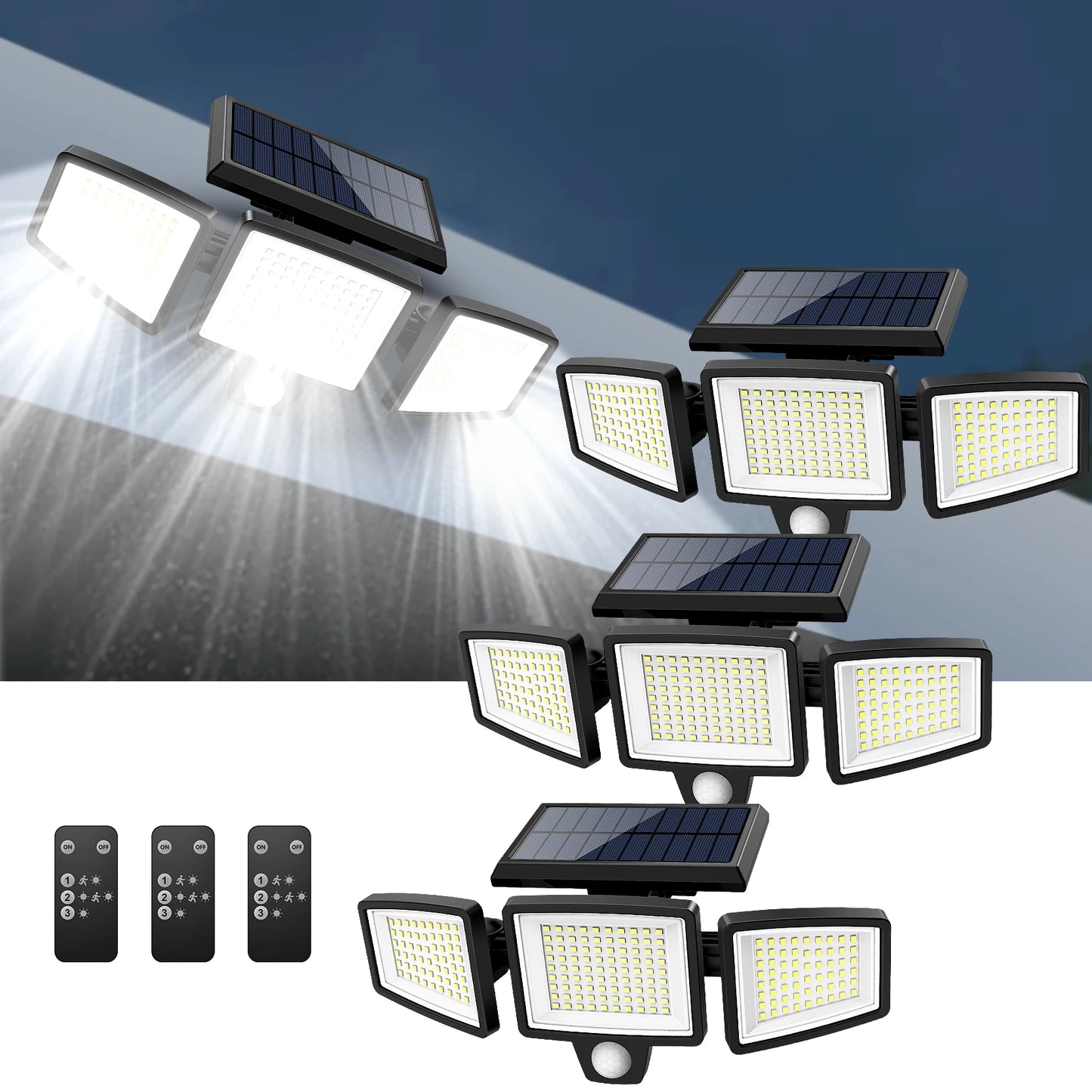 IP65 Waterproof Triple Head Outdoor Solar Light – 210 LED, 2500LM Motion Sensor Security Light for Porch, Garage, Patio, and Yard Entrance