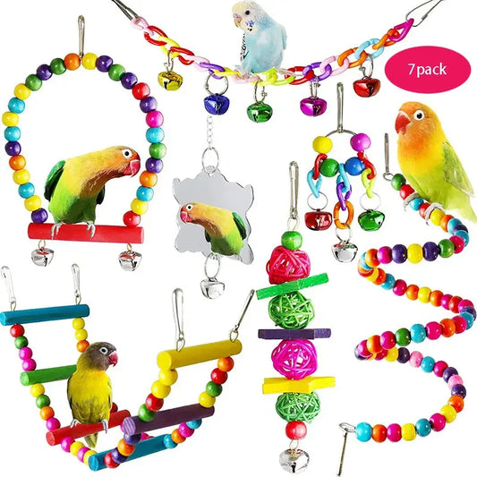 7PCS Wooden Bird Toy Set – Parrot Cage Accessories with Swing, Bells, Bridge, and Chew Toys