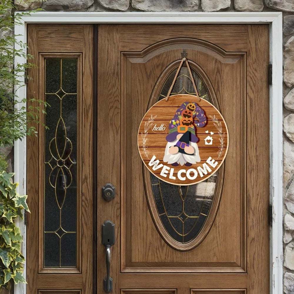 Interchangeable Gnome Welcome Sign – Seasonal Wooden Door Decoration with Changeable Holiday Gnomes for Front Porch, Wall & Home Décor