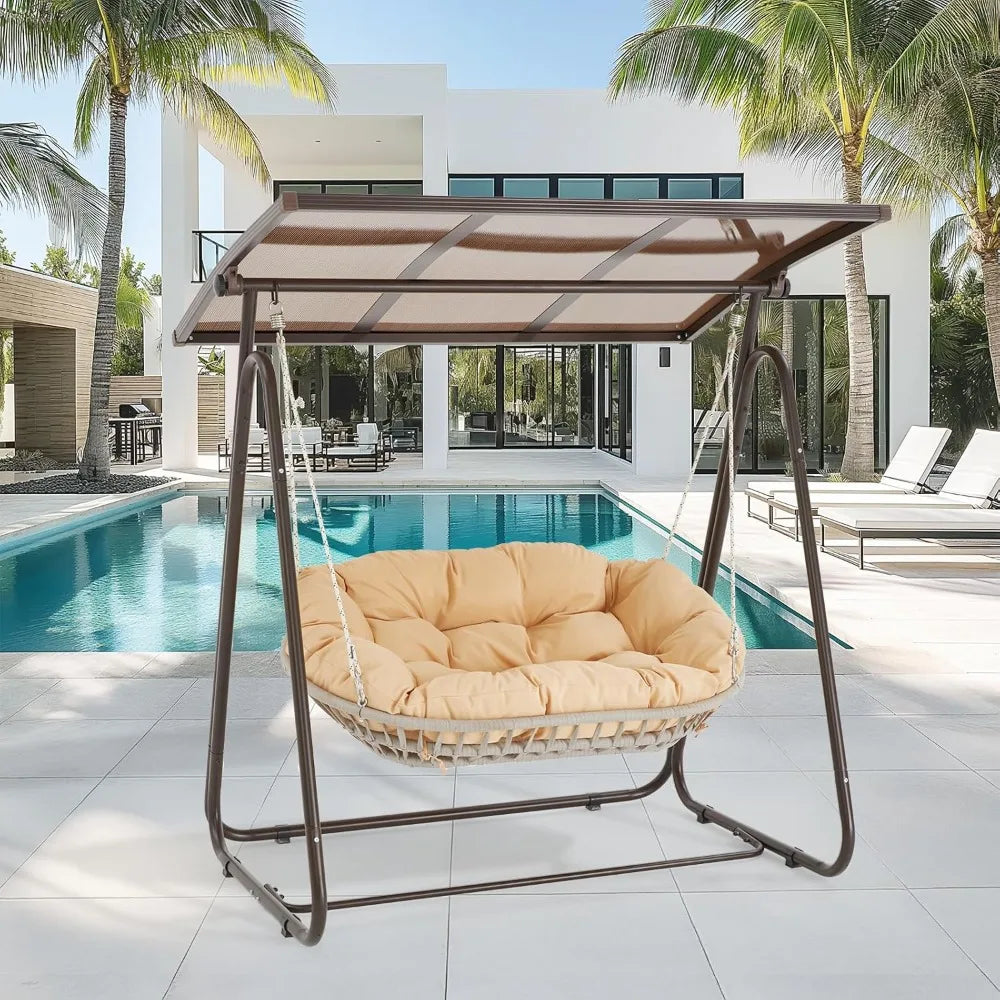 2-Person Outdoor Porch Swing with Adjustable Hardtop Canopy & 5.9" Thick Cushions – Weather-Resistant Rattan Patio Swing Chair