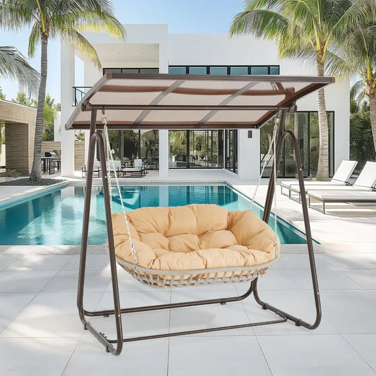 2-Person Outdoor Porch Swing with Adjustable Hardtop Canopy & 5.9" Thick Cushions – Weather-Resistant Rattan Patio Swing Chair