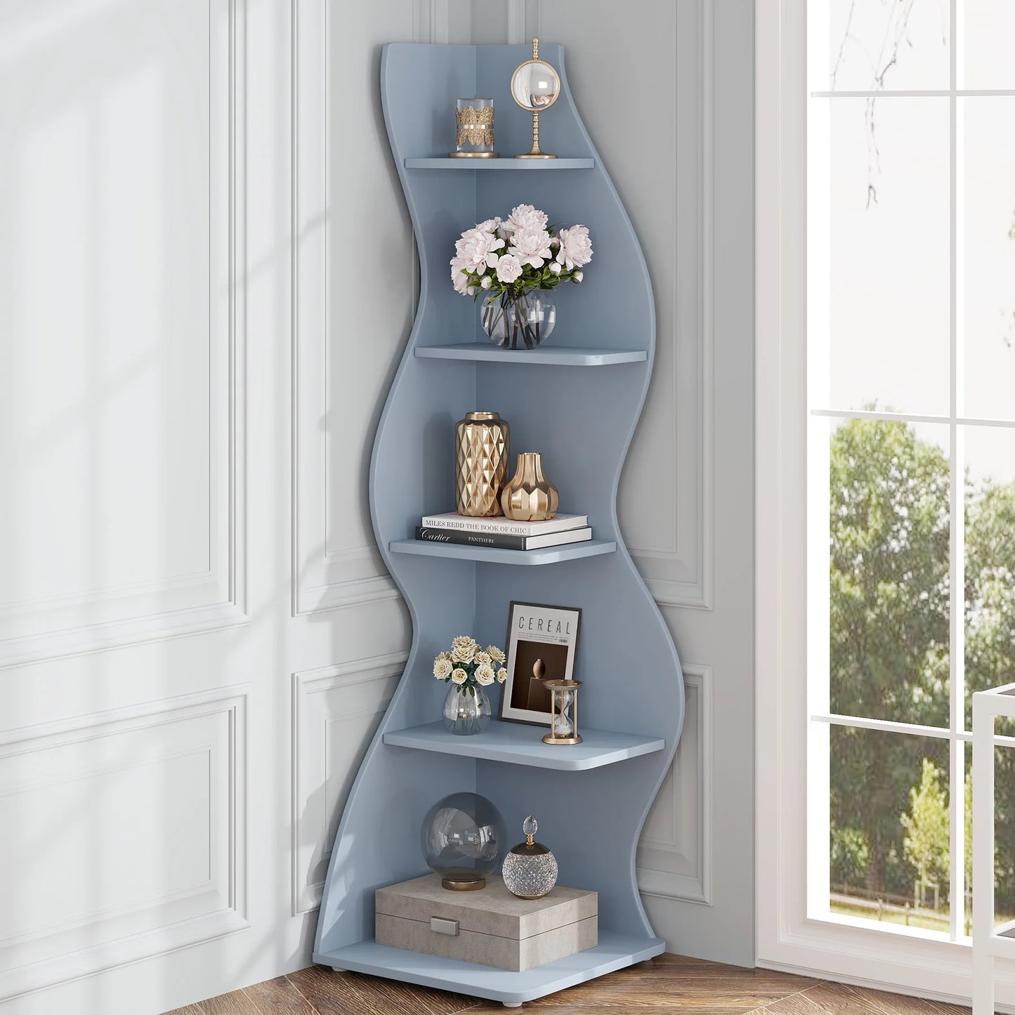 Modern 5-Tier White Corner Shelf – Stylish Sea Grass-Inspired Design, Adjustable Shelves for Home & Office Storage