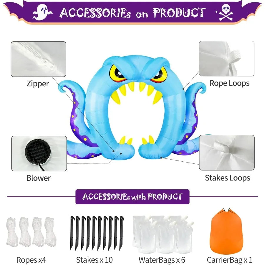 16FT Long x 8FT Tall Halloween Inflatable Blue Monster Octopus Archway – LED Lighted Blow-Up Decoration for Outdoor Holiday Parties, Yard & Garden