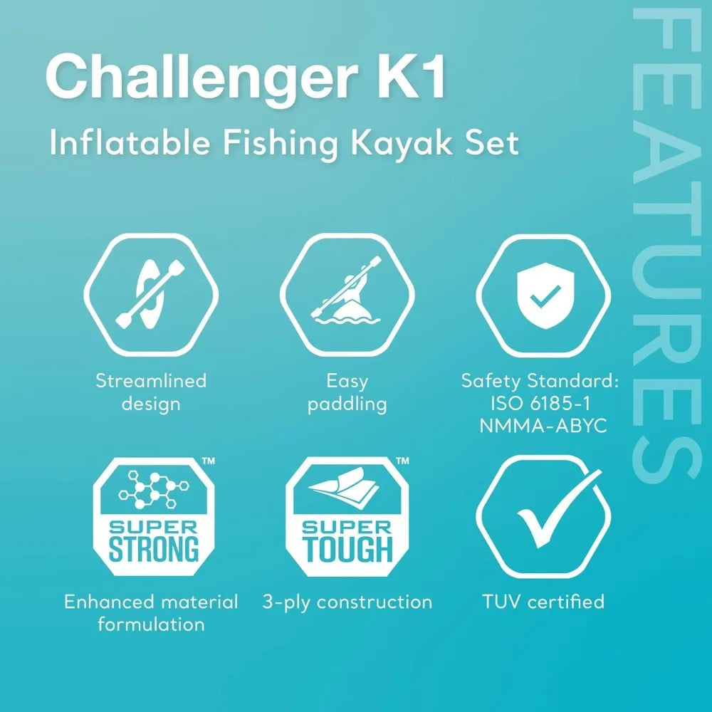 Challenger Series Inflatable Kayak – Durable 1 or 2 Person Kayak with 86" Paddle, Adjustable Seat & High-Output Pump – Heavy-Duty SuperStrong PVC Construction