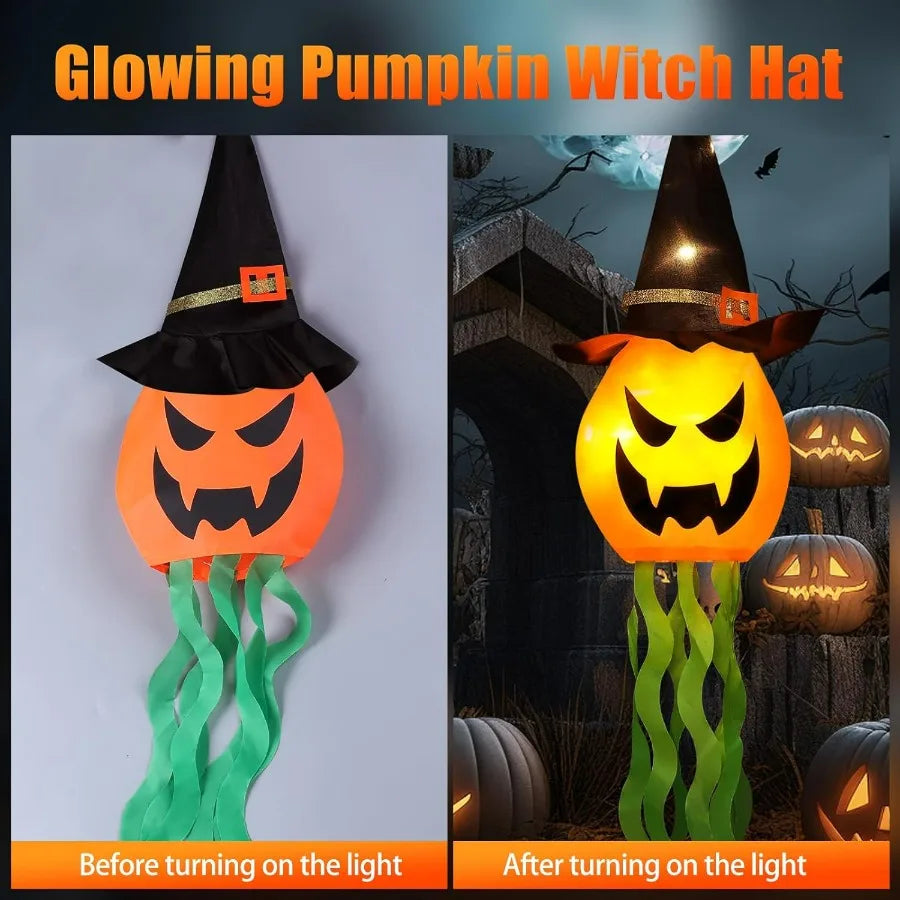 Hanging Lighted Glowing Pumpkin Witch Hat – Outdoor Halloween Decoration with 3 Lighting Modes