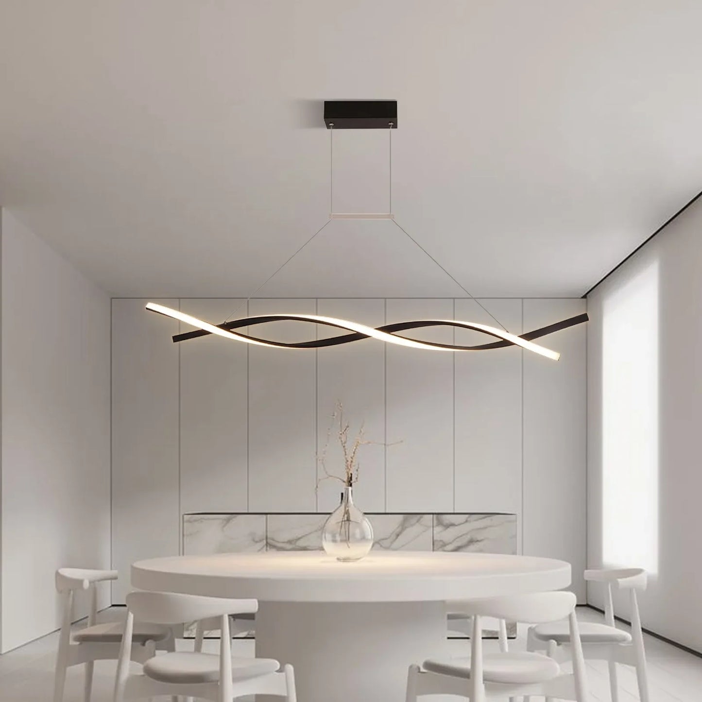 Modern Black LED Pendant Light – Remote Control Dimmable Ceiling Fixture for Dining Room, 46W, Adjustable Height