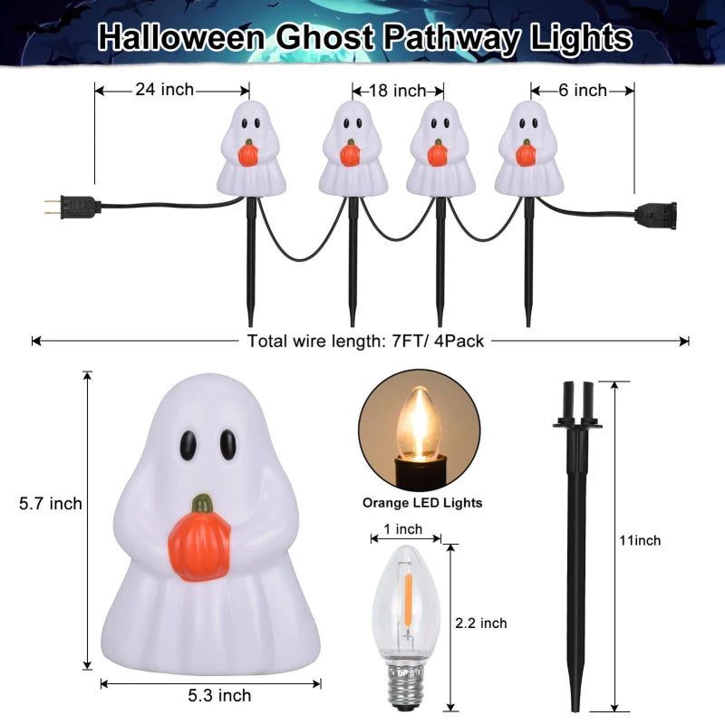 All Saints' Day 7FT Ghosts Pathway String Light – 4 White Ghost Stake Lights, Waterproof Outdoor Garden & Holiday Decoration