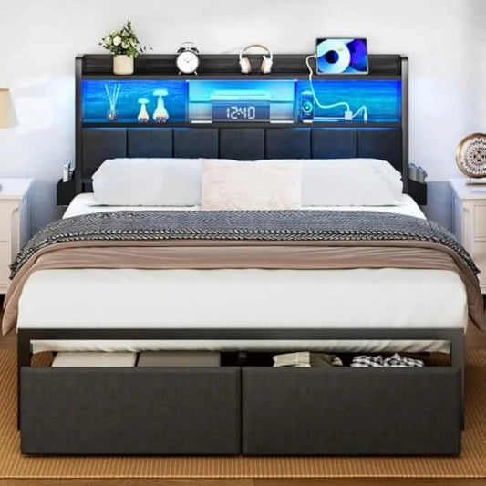 LED Queen Size Bed Frame with Storage Drawers & Charging Station – Metal Platform Bed with Headboard, No Box Spring Needed