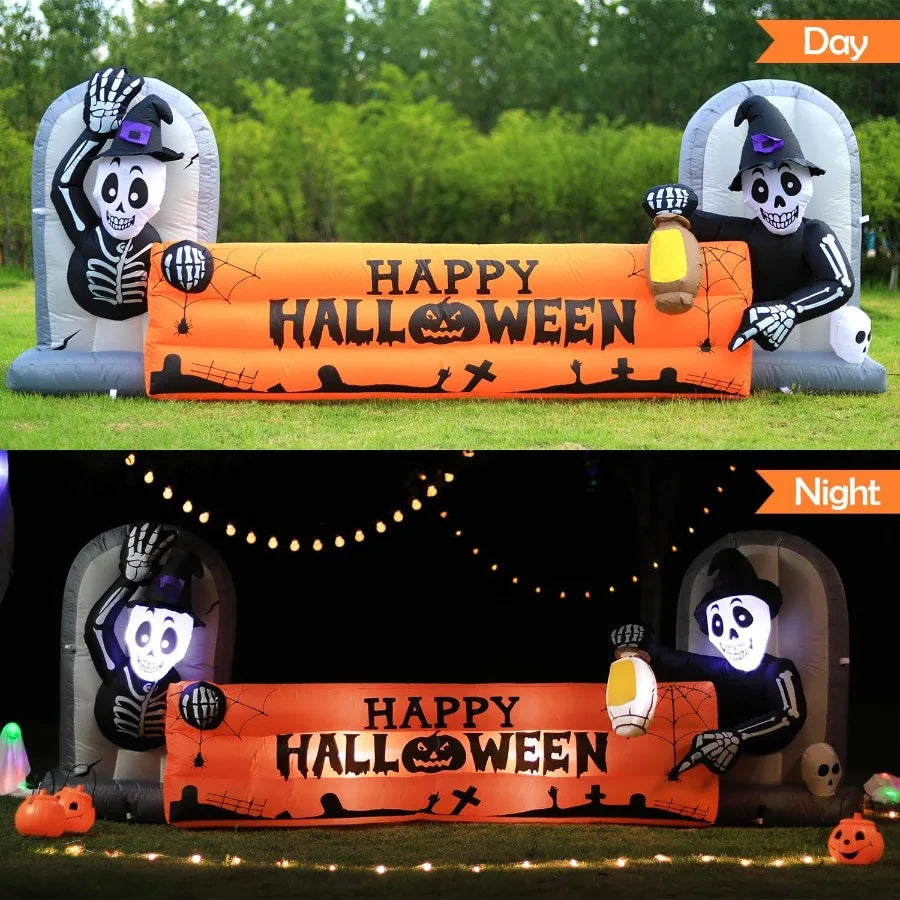 10FT Large Halloween Inflatable Skeleton Tombstone Banner – LED Lighted Blow-Up Decoration for Outdoor Holiday Party & Garden Display