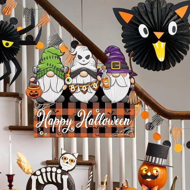 Halloween Wooden Gnome Sign – Cute Wooden Hanging Sign for Tree, Wall, or Indoor Halloween Decorations