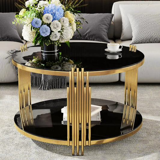 Black Round Modern Gold Glass Coffee Table