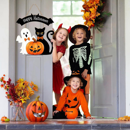 Spooky Halloween Door Sign – Cute Pumpkin Ghost & Black Cat Design, Perfect Welcome Décor for Home, Porch, or Office