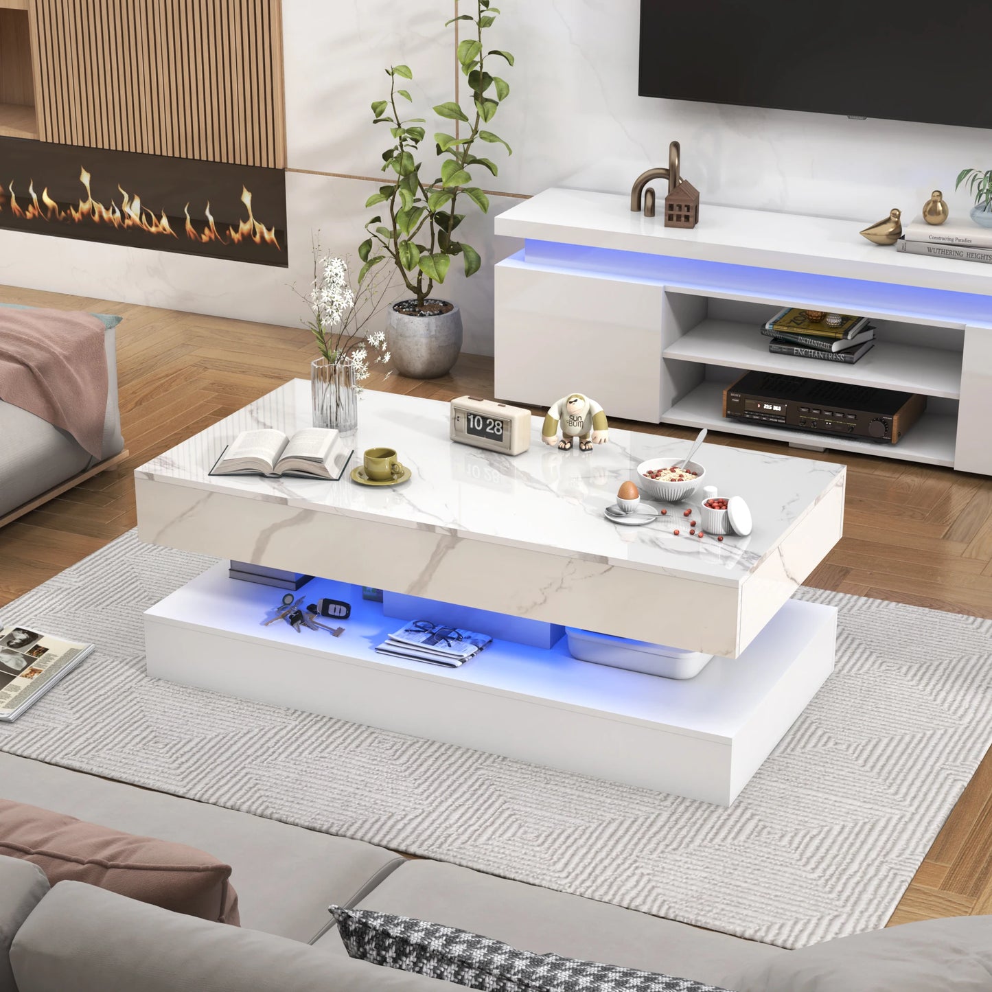 Modern Stylish Coffee Table with LED Lights & Double-Layer Design