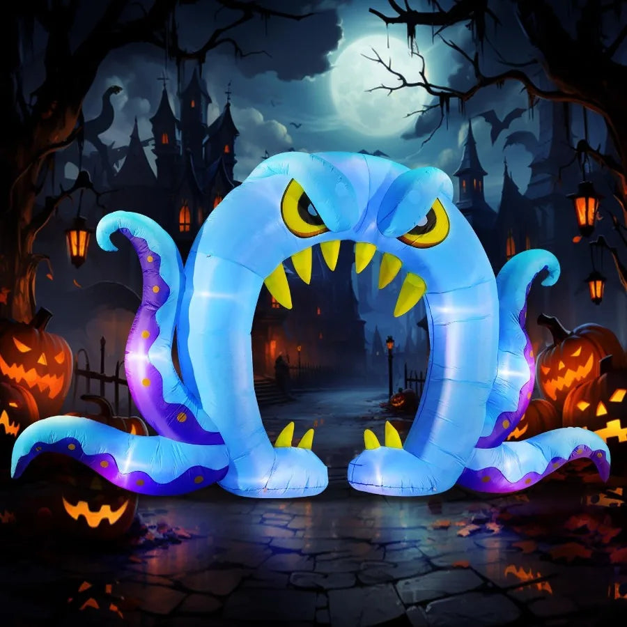 16FT Long x 8FT Tall Halloween Inflatable Blue Monster Octopus Archway – LED Lighted Blow-Up Decoration for Outdoor Holiday Parties, Yard & Garden